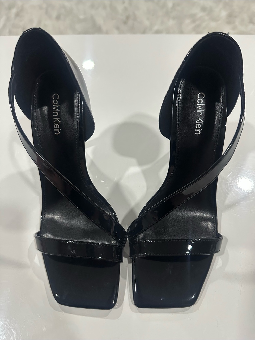Calvin Klein Black Patent Square-Toe Strappy Heels